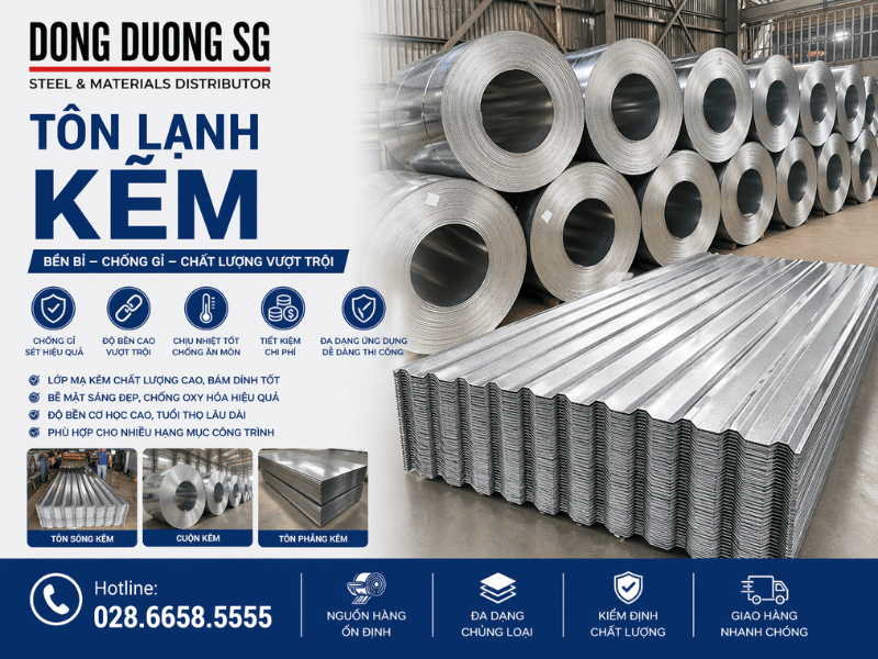 Tôn lạnh kẽm: Tôn cuộn, tôn cán sóng, tôn tấm phẳng.