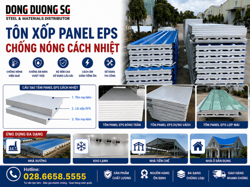 Tấm tôn xốp Panel EPS cách nhiệt: Tôn lợp mái, tôn vách, tôn trần.