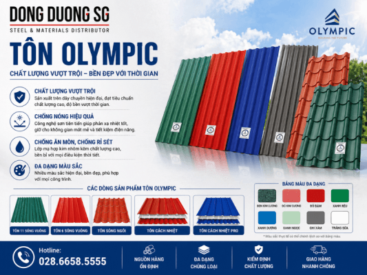 Tôn Olympic với tôn sóng vuông, sóng tròn, sóng ngói và tôn cách nhiệt chống nóng.