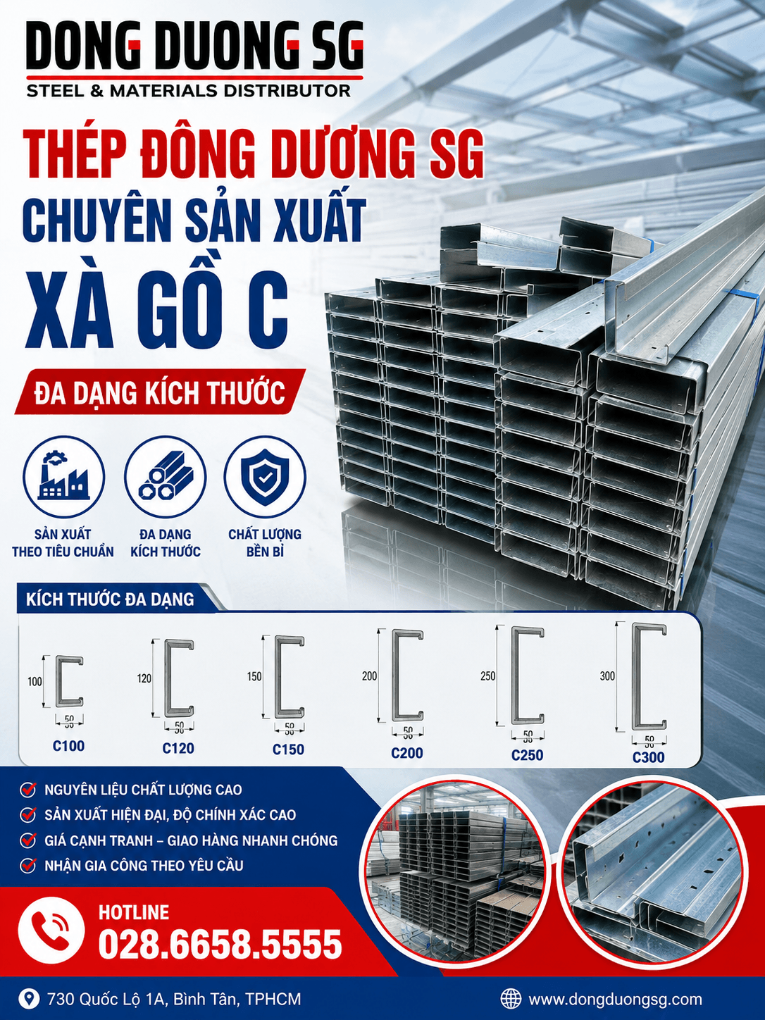 Chuyên sản xuất xà gồ C: C80, C100, C120, C125, C150, C180, C200, C250.